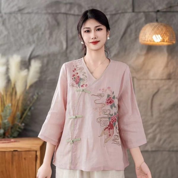 CNY Retro Style Cotton Linen Top Women Summer New Style Diagonal Lapel Literary Loose Button Tea Clothes - Pink Purple