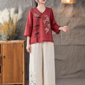 CNY Retro Style Cotton Linen Top Women Summer New Style Diagonal Lapel Literary Loose Button Tea Clothes - Red - Image 2