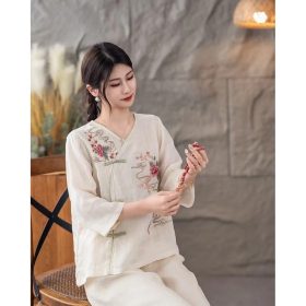 CNY Retro Style Cotton Linen Top Women Summer New Style Diagonal Lapel Literary Loose Button Tea Clothes - Beige White - Image 2