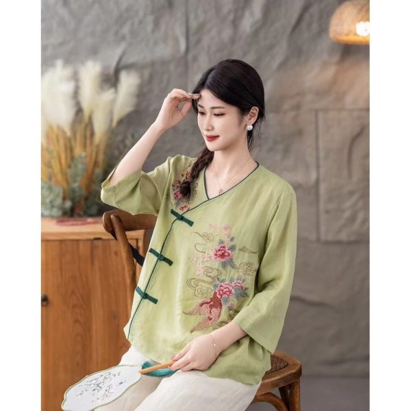 CNY Retro Style Cotton Linen Top Women Summer New Style Diagonal Lapel Literary Loose Button Tea Clothes - Light Green