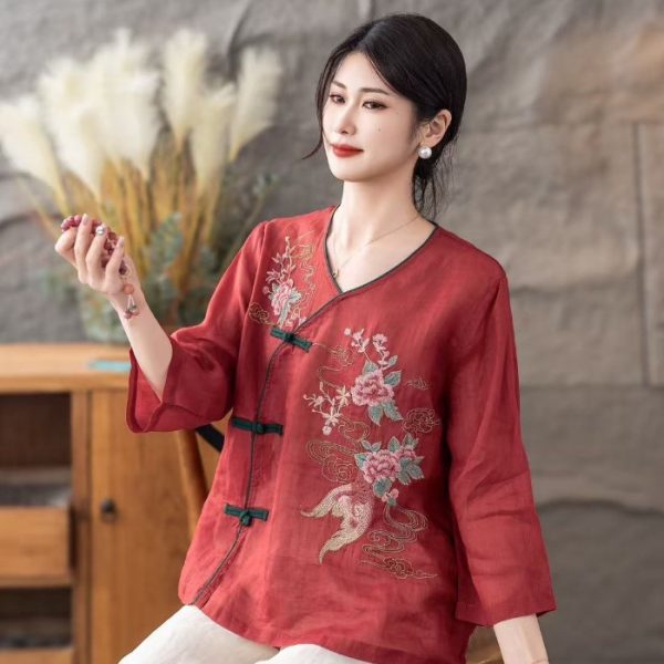 CNY Retro Style Cotton Linen Top Women Summer New Style Diagonal Lapel Literary Loose Button Tea Clothes - Red