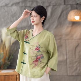 CNY Retro Style Cotton Linen Top Women Summer New Style Diagonal Lapel Literary Loose Button Tea Clothes - Light Green