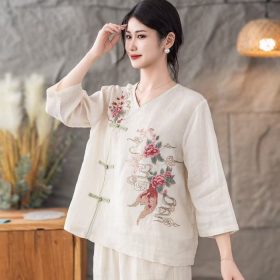 CNY Retro Style Cotton Linen Top Women Summer New Style Diagonal Lapel Literary Loose Button Tea Clothes - Beige White