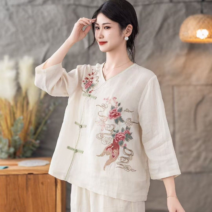 CNY Retro Style Cotton Linen Top Women Summer New Style Diagonal Lapel Literary Loose Button Tea Clothes - Beige White - Image 1