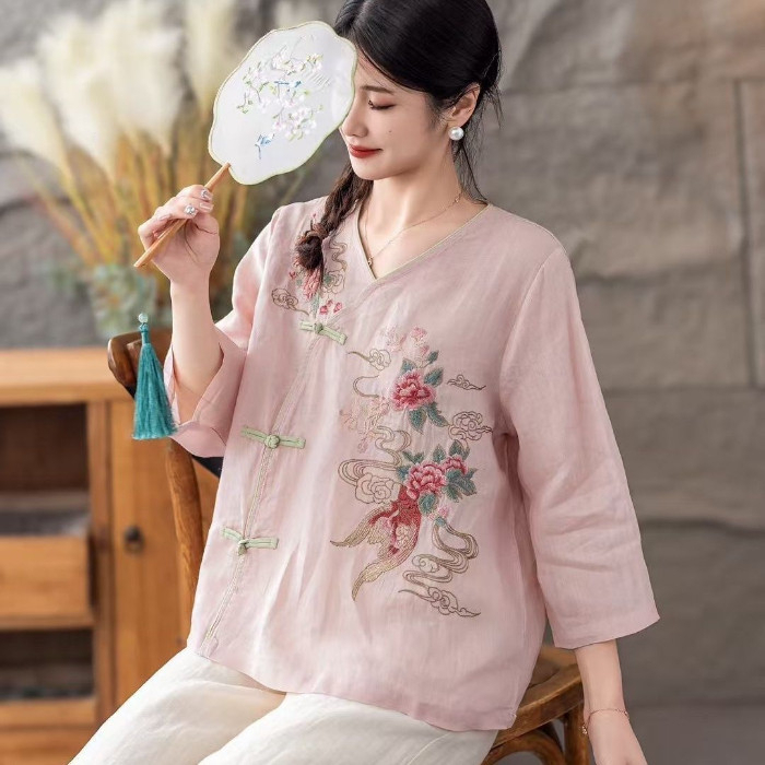 CNY Retro Style Cotton Linen Top Women Summer New Style Diagonal Lapel Literary Loose Button Tea Clothes - Pink Purple - Image 1