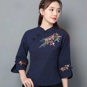 Ethnic Style Retro Cotton Linen Embroidered Three-Quarter Sleeve Top Women Stand-Up Collar Chinese Casual Buttoned Tea Suit - Navy Blue