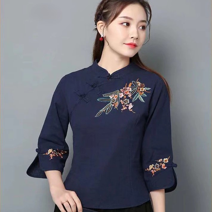 Ethnic Style Retro Cotton Linen Embroidered Three-Quarter Sleeve Top Women Stand-Up Collar Chinese Casual Buttoned Tea Suit - Navy Blue - Image 1