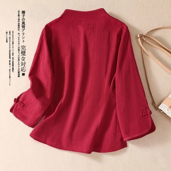 Ethnic Style Retro Cotton Linen Embroidered Three-Quarter Sleeve Top Women Stand-Up Collar Chinese Casual Buttoned Tea Suit - Red