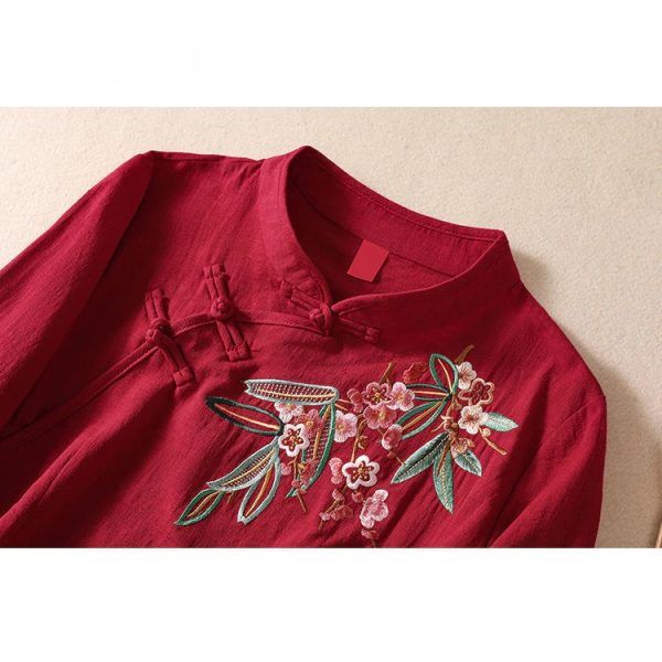 Ethnic Style Retro Cotton Linen Embroidered Three-Quarter Sleeve Top Women Stand-Up Collar Chinese Casual Buttoned Tea Suit - Red