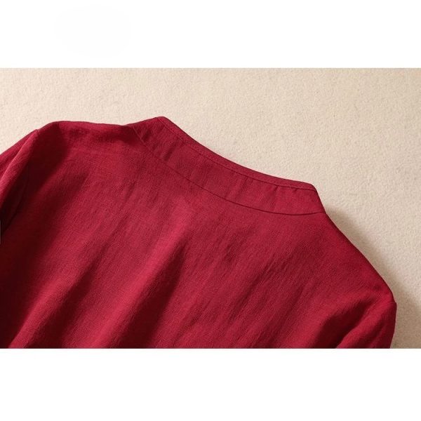 Ethnic Style Retro Cotton Linen Embroidered Three-Quarter Sleeve Top Women Stand-Up Collar Chinese Casual Buttoned Tea Suit - Red