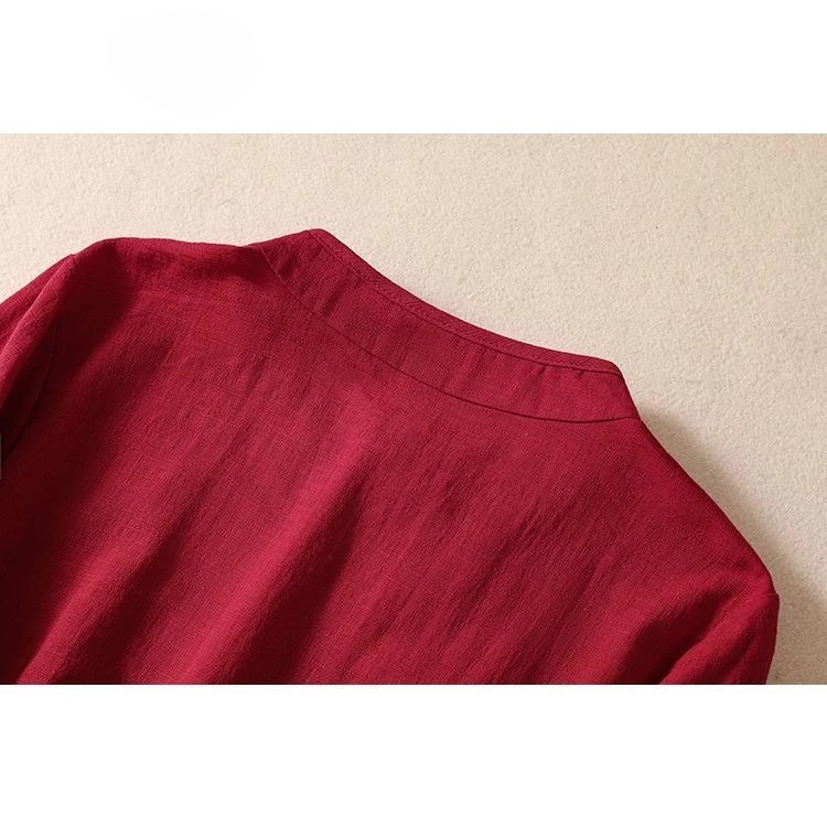 Ethnic Style Retro Cotton Linen Embroidered Three-Quarter Sleeve Top Women Stand-Up Collar Chinese Casual Buttoned Tea Suit - Red - Image 4