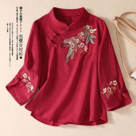 Ethnic Style Retro Cotton Linen Embroidered Three-Quarter Sleeve Top Women Stand-Up Collar Chinese Casual Buttoned Tea Suit - Red