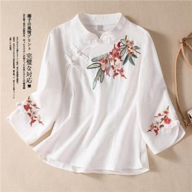 Ethnic Style Retro Cotton Linen Embroidered Three-Quarter Sleeve Top Women Stand-Up Collar Chinese Casual Buttoned Tea Suit - White