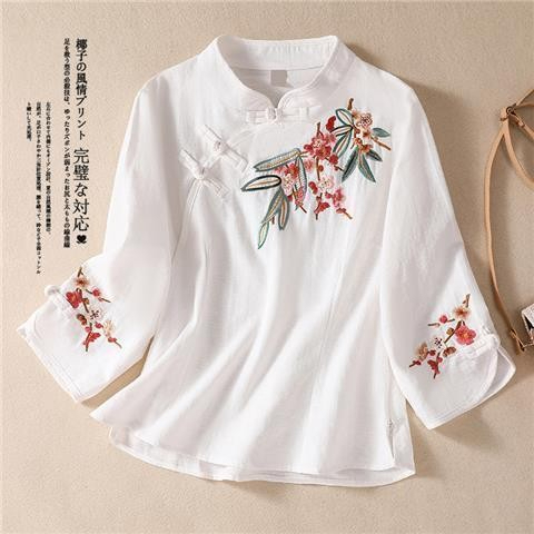 Ethnic Style Retro Cotton Linen Embroidered Three-Quarter Sleeve Top Women Stand-Up Collar Chinese Casual Buttoned Tea Suit - White