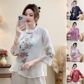 New CNY Style Cotton Linen Chinese Shirt Women Lace Diagonal Shirt Ethnic Summer Literary Retro Buckle Embroidered - Linen - Image 2