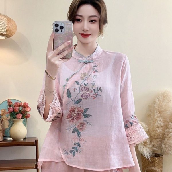 New CNY Style Cotton Linen Chinese Shirt Women Lace Diagonal Shirt Ethnic Summer Literary Retro Buckle Embroidered - Pink