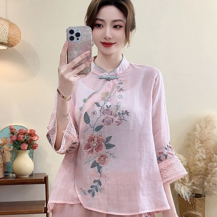 New CNY Style Cotton Linen Chinese Shirt Women Lace Diagonal Shirt Ethnic Summer Literary Retro Buckle Embroidered - Pink - Image 1