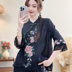 New CNY Style Cotton Linen Chinese Shirt Women Lace Diagonal Shirt Ethnic Summer Literary Retro Buckle Embroidered - Black