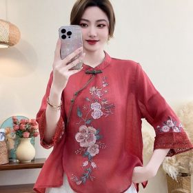 New CNY Style Cotton Linen Chinese Shirt Women Lace Diagonal Shirt Ethnic Summer Literary Retro Buckle Embroidered - Red