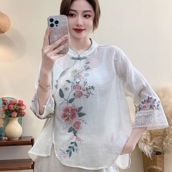 New CNY Style Cotton Linen Chinese Shirt Women Lace Diagonal Shirt Ethnic Summer Literary Retro Buckle Embroidered - Linen