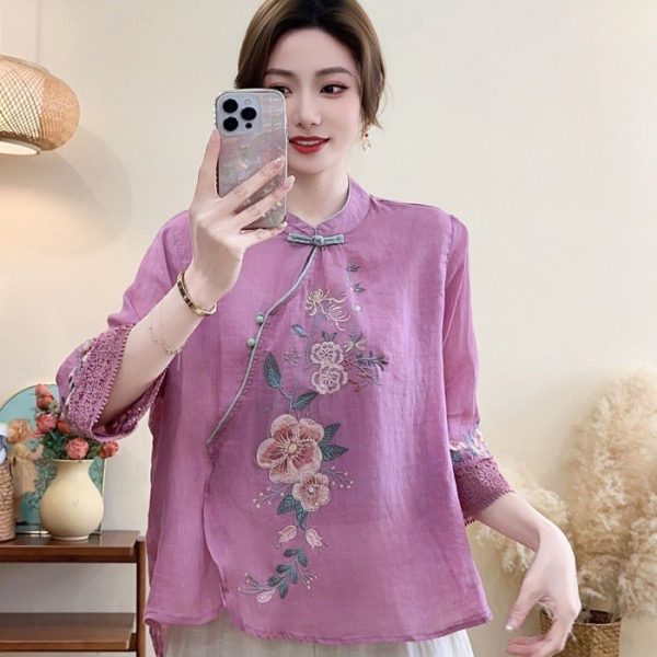 New CNY Style Cotton Linen Chinese Shirt Women Lace Diagonal Shirt Ethnic Summer Literary Retro Buckle Embroidered - Rose Red