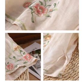 CNY Style Summer Cotton Linen Shirt Embroidered Retro Diagonal Buttoned Literary Retro Women's Three-Quarter Sleeve - Green - Image 3