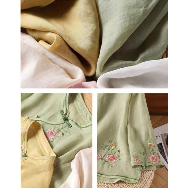 CNY Style Summer Cotton Linen Shirt Embroidered Retro Diagonal Buttoned Literary Retro Women's Three-Quarter Sleeve - Green