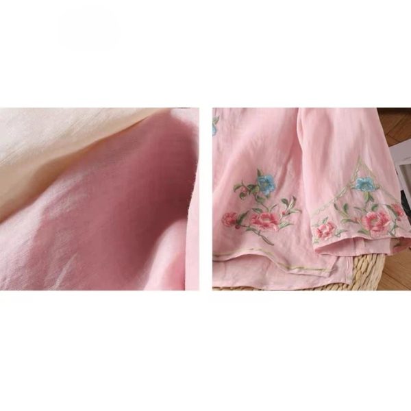 CNY Style Summer Cotton Linen Shirt Embroidered Retro Diagonal Buttoned Literary Retro Women's Three-Quarter Sleeve - Green