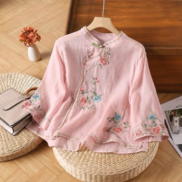 CNY Style Summer Cotton Linen Shirt Embroidered Retro Diagonal Buttoned Literary Retro Women's Three-Quarter Sleeve - Pink