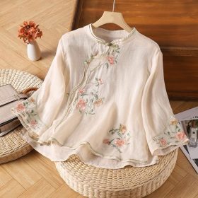 CNY Style Summer Cotton Linen Shirt Embroidered Retro Diagonal Buttoned Literary Retro Women's Three-Quarter Sleeve - Apricot - Image 1