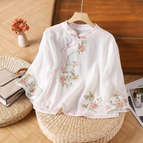 CNY Style Summer Cotton Linen Shirt Embroidered Retro Diagonal Buttoned Literary Retro Women's Three-Quarter Sleeve - White - Image 1