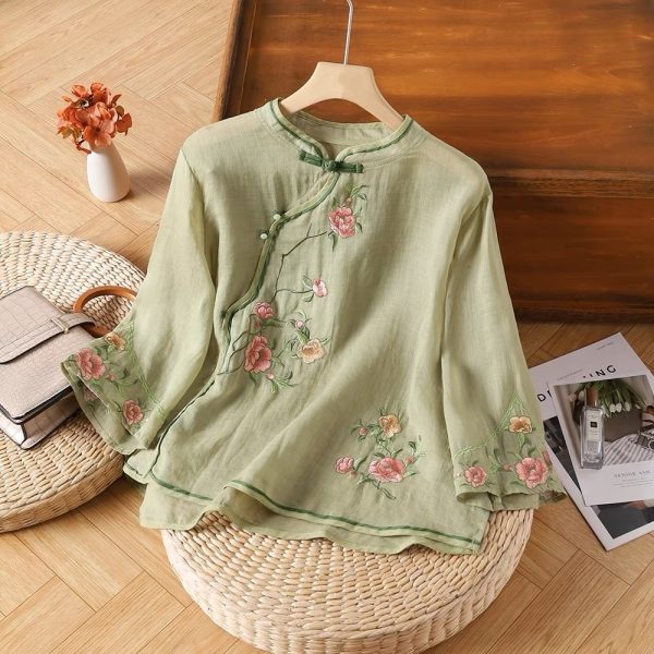 CNY Style Summer Cotton Linen Shirt Embroidered Retro Diagonal Buttoned Literary Retro Women's Three-Quarter Sleeve - Green