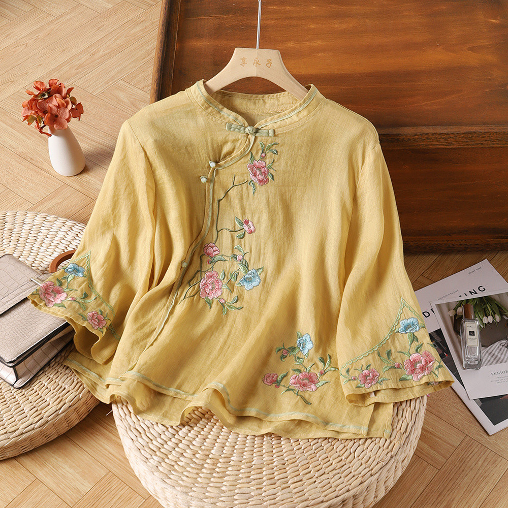 CNY Style Summer Cotton Linen Shirt Embroidered Retro Diagonal Buttoned Literary Retro Women
