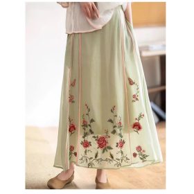 Summer Skirt Ethnic Design with Heavy Industrial Embroidery Elastic Waist Mid-Length to Over-the-Knee - Light Green - Image 1