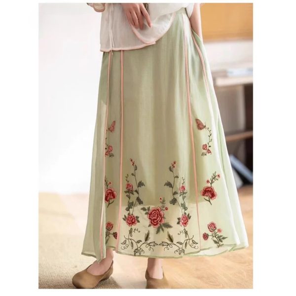 Summer Skirt Ethnic Design with Heavy Industrial Embroidery Elastic Waist Mid-Length to Over-the-Knee - Light Green