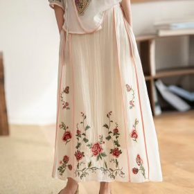 Summer Skirt Ethnic Design with Heavy Industrial Embroidery Elastic Waist Mid-Length to Over-the-Knee - Apricot - Image 1