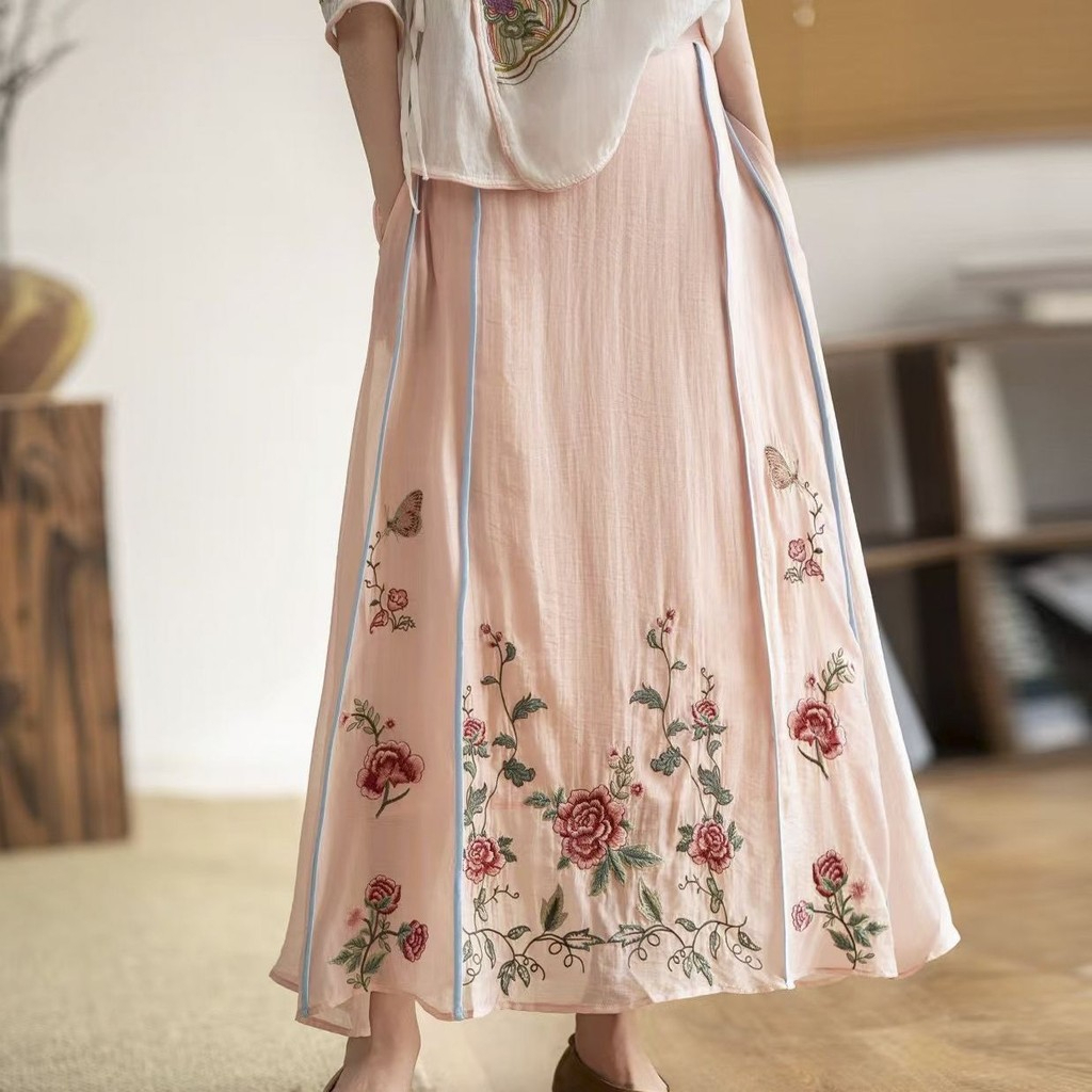 Summer Skirt Ethnic Design with Heavy Industrial Embroidery Elastic Waist Mid-Length to Over-the-Knee - Light Pink - Image 1