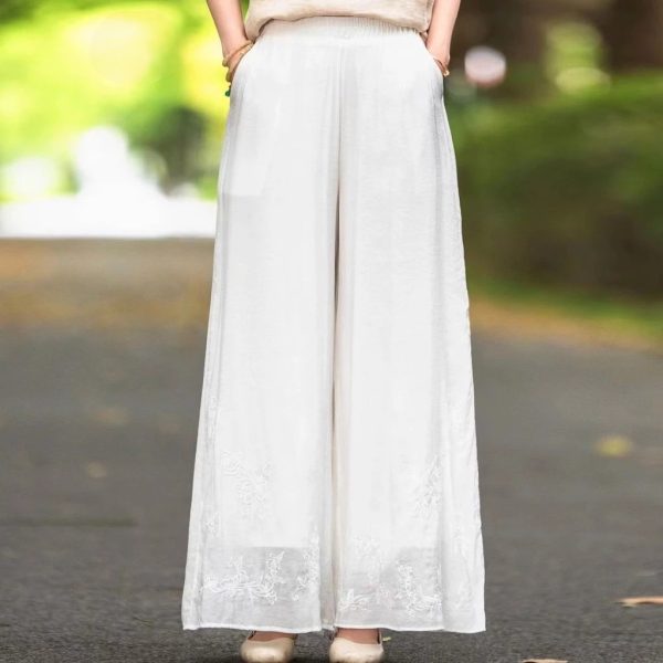 New Chinese Style Embroidered Retro Embroidered Wide-Leg Pants Women Summer Thin Style Elastic Literary - White