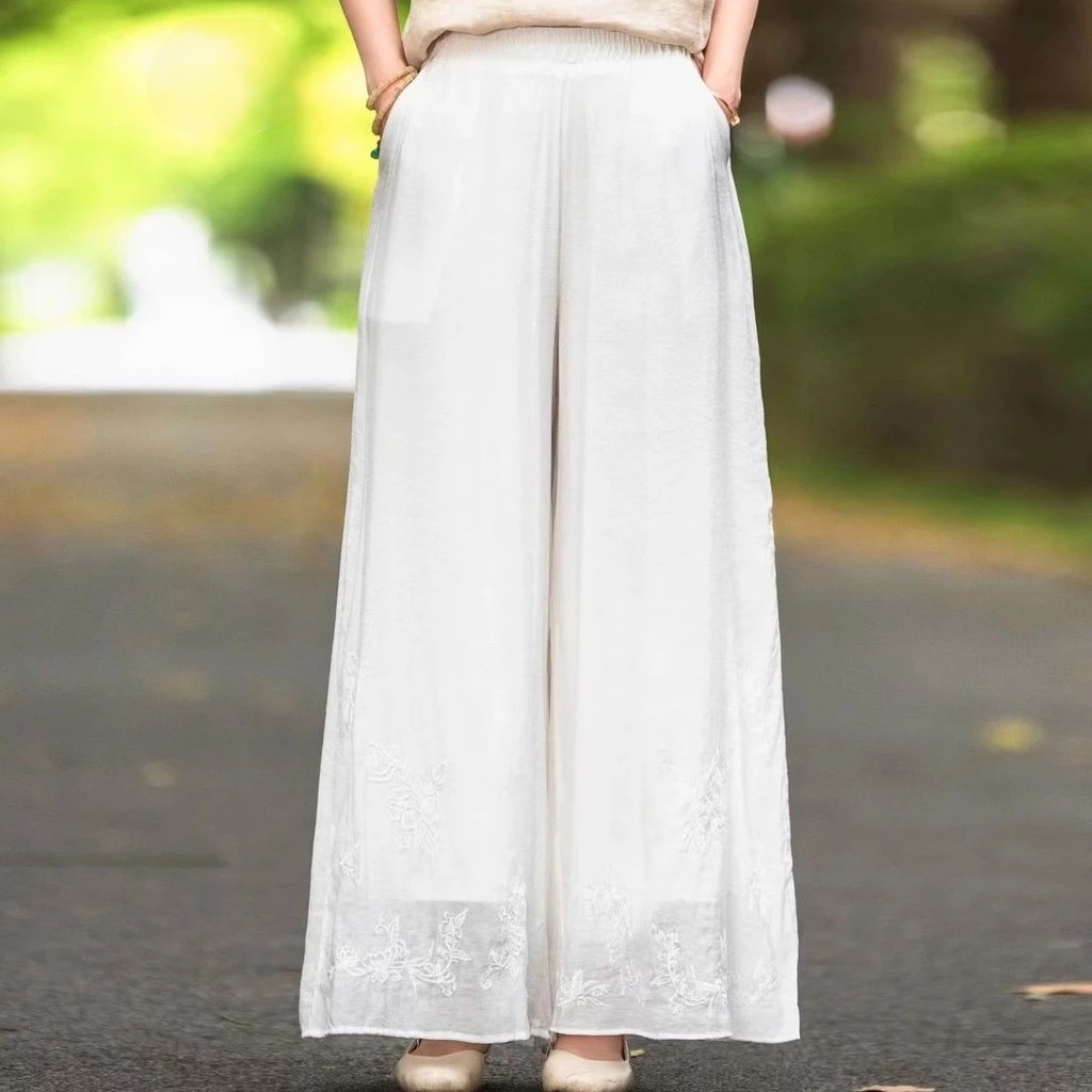 New Chinese Style Embroidered Retro Embroidered Wide-Leg Pants Women Summer Thin Style Elastic Literary - White - Image 1