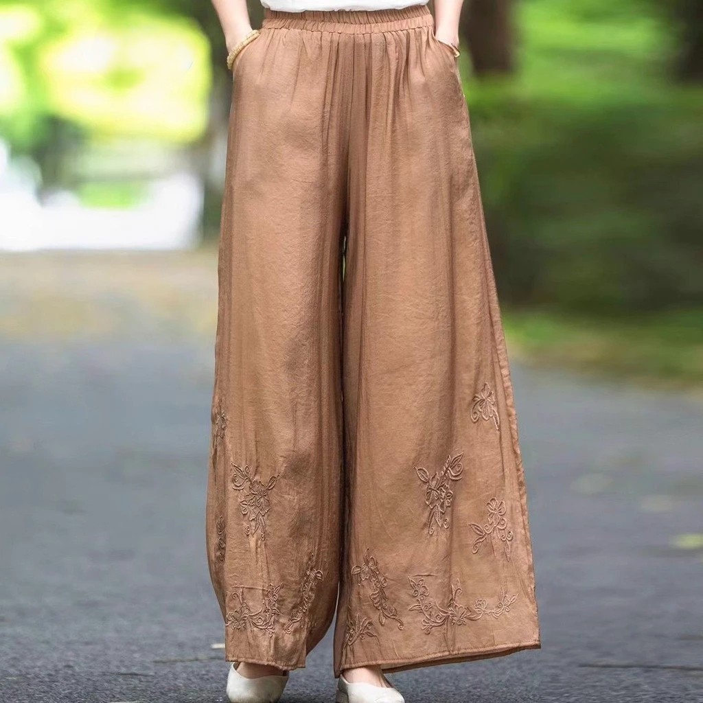 New Chinese Style Embroidered Retro Embroidered Wide-Leg Pants Women Summer Thin Style Elastic Literary - Brown - Image 1