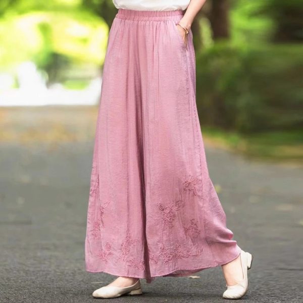 New Chinese Style Embroidered Retro Embroidered Wide-Leg Pants Women Summer Thin Style Elastic Literary - Rose Pink