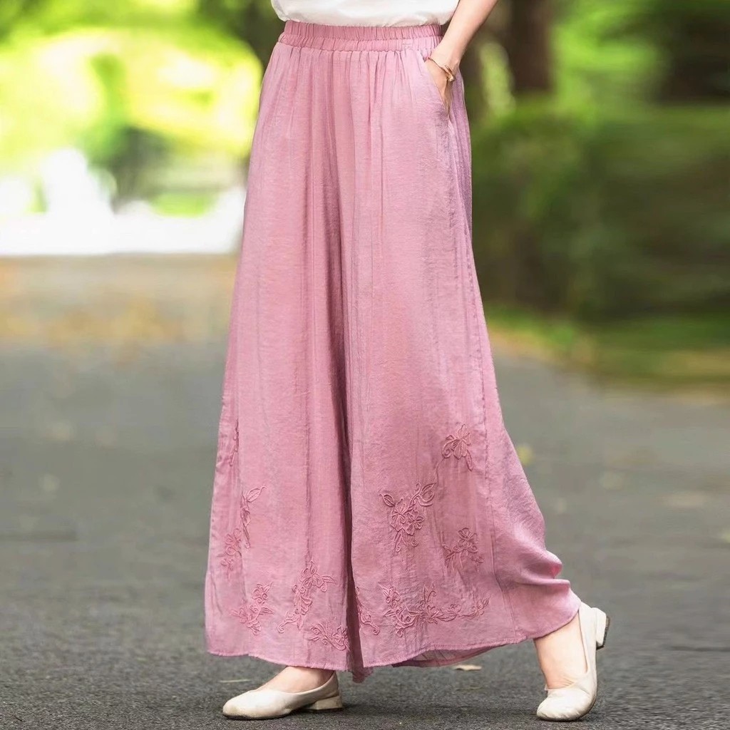 New Chinese Style Embroidered Retro Embroidered Wide-Leg Pants Women Summer Thin Style Elastic Literary - Rose Pink - Image 1