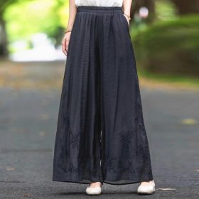 New Chinese Style Embroidered Retro Embroidered Wide-Leg Pants Women Summer Thin Style Elastic Literary - Black - Image 1