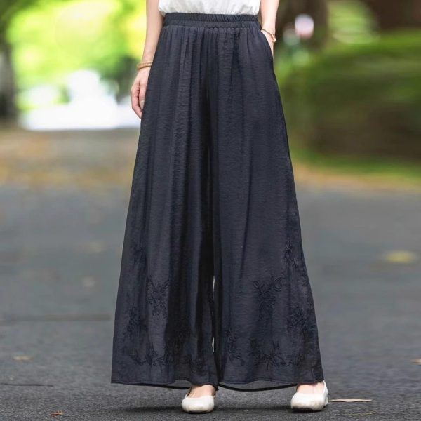 New Chinese Style Embroidered Retro Embroidered Wide-Leg Pants Women Summer Thin Style Elastic Literary - Black