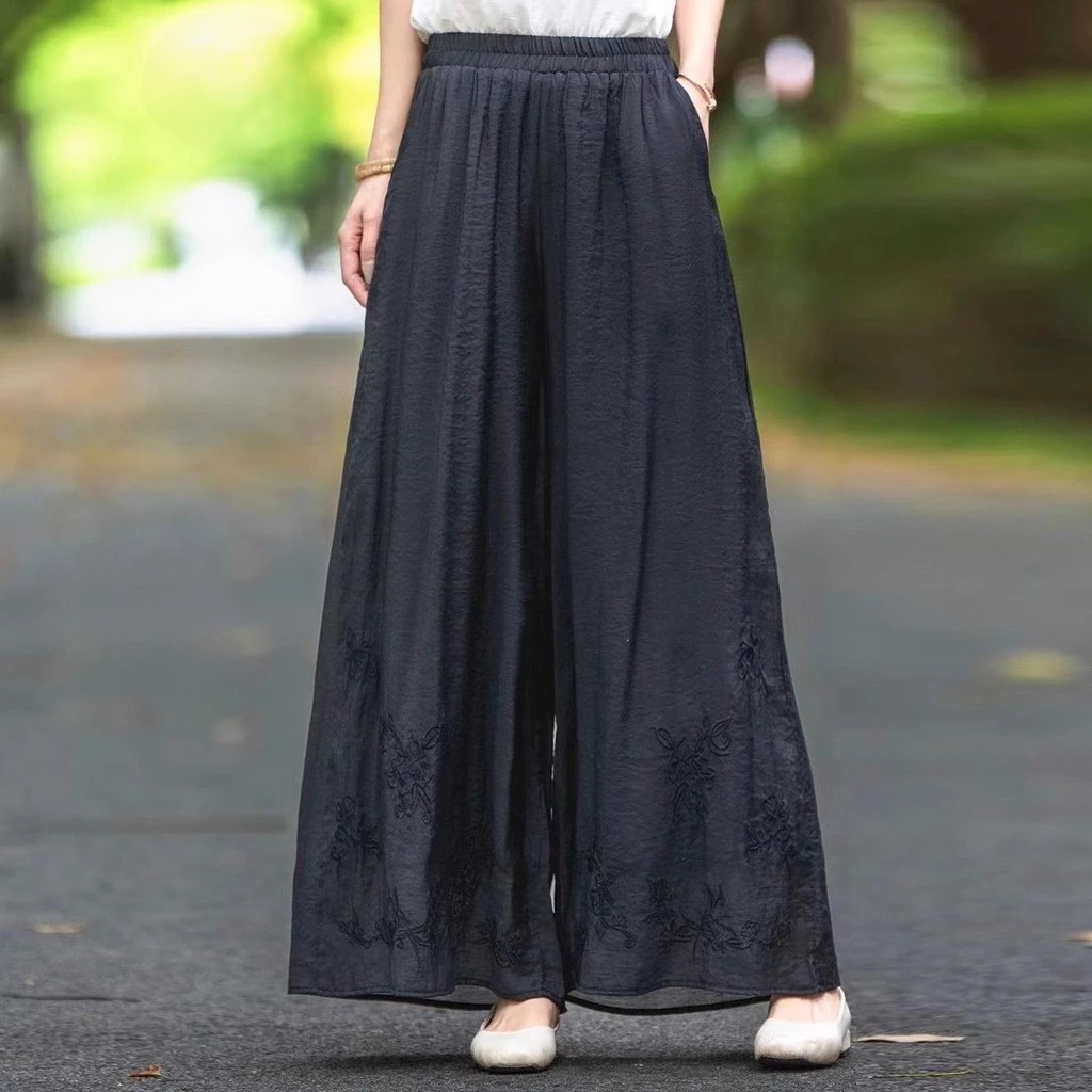 New Chinese Style Embroidered Retro Embroidered Wide-Leg Pants Women Summer Thin Style Elastic Literary - Black - Image 1