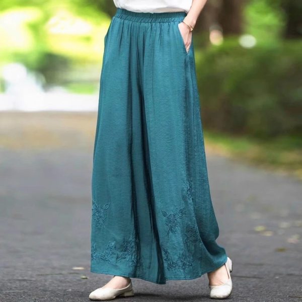 New Chinese Style Embroidered Retro Embroidered Wide-Leg Pants Women Summer Thin Style Elastic Literary - Peacock