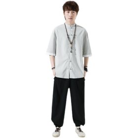 Traditional Chinese Men's Clothing Chinese Style Tang Suit Hanfu Tea Clothes New Year Annual Ice Silk Male Youth Summer Trend Loose Short - White - Image 4