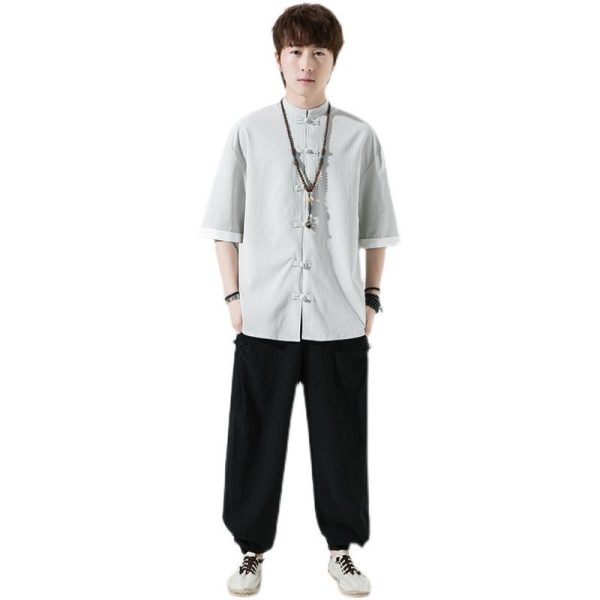 Traditional Chinese Men's Clothing Chinese Style Tang Suit Hanfu Tea Clothes New Year Annual Ice Silk Male Youth Summer Trend Loose Short - White