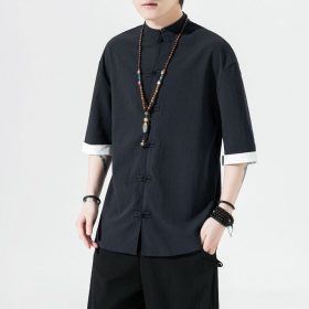 Traditional Chinese Men's Clothing Chinese Style Tang Suit Hanfu Tea Clothes New Year Annual Ice Silk Male Youth Summer Trend Loose Short - Black - Image 1