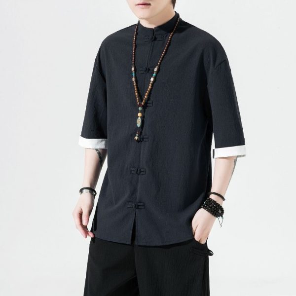 Traditional Chinese Men's Clothing Chinese Style Tang Suit Hanfu Tea Clothes New Year Annual Ice Silk Male Youth Summer Trend Loose Short - Black